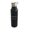 A drink bottle featuring a matte black finish, double wall vacuum insulation, and a bamboo lid. Includes a logo.