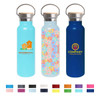 A drink bottle set featuring three 600ml vacuum bottles in blue, floral, and navy designs, with stainless steel lids and branding.