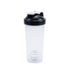 A drink bottle with a clear body, black lid, and white spout, designed for fitness and protein shakes.
