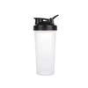 A drink bottle with a clear body and black lid, featuring a loop and a mixer ball for protein shakes.