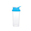 A drink bottle featuring a clear body and a blue lid with a spout, designed for fitness use. It has a logo.