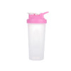 A drink bottle with a pink lid and a transparent body, featuring a logo and a loop for easy carrying.