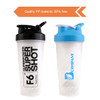 A drink bottle set featuring two BPA-free fitness shaker bottles in clear with black and blue lids, each with a logo.