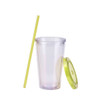 A clear plastic cup with a green lid and straw, designed for drinks. Suitable for various beverages.