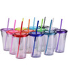 A collection of 16oz plastic cups with lids and straws in various colours, featuring a logo on each cup.