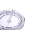 A clear plastic cup lid with a straw, designed for 16oz cups, featuring a fitted closure and sleek design.