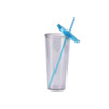 A 24oz clear plastic cup with a blue lid and matching straw, ideal for beverages.