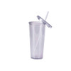 A clear plastic cup with a lid and straw, designed for drinkware use.