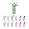 A set of 24oz plastic cups with lids and straws in various colours, featuring one cup prominently displayed.