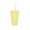 A matte yellow plastic cup with a lid and straw, designed for beverages. Features a branding logo.