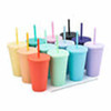A collection of 16oz matte plastic cups in various pastel colours, each with a lid and straw, displayed in a group.