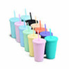 A set of 16oz matte plastic cups in various pastel colours, each with a lid and straw, arranged in a row.