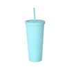A drink bottle in a light turquoise colour, featuring a lid and a straw. It has a logo on the bottle.