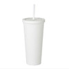 A matte white plastic cup with a lid and straw, suitable for drinks, featuring a logo.