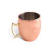 A copper mug with a shiny gold handle, featuring a logo on the side and a sleek interior.