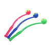 Three ball throwers in pink, blue, and green, each with a round ball at the end and a handle. The product includes branding.