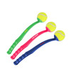 Three ball throwers in green, pink, and blue, each with a yellow tennis ball attached. The products feature various logos.