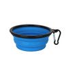 A collapsible silicon bowl in blue with a black rim and a clip for easy attachment.