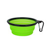 A 350ml collapsible silicone bowl in bright green with a black rim and a carabiner for easy carrying.