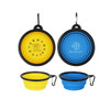 A collapsible silicon bowl in yellow and blue, featuring a black rim and included clips, with branding on one side.