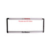 A plastic licence plate frame in black and silver, featuring a logo and space for plate size.