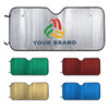 A silver bubble aluminium car sunshade with a logo in the centre, available in green, red, gold, and blue options.