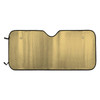 A bubble aluminium car sunshade in gold with a black trim, featuring a hollow centre for a rearview mirror.