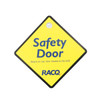 A diamond-shaped yellow warning sign with a black border and a logo, labelled "Safety Door".
