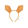 An orange headband with animal ears, featuring a simple design and a small logo tag attached.