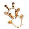 A giraffe-themed headband featuring orange and brown spots, with ears and horns on a soft, plush base.