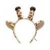A giraffe-themed headband in brown and beige with ears and horns, featuring a logo on the side.
