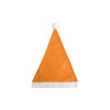 An orange Santa hat with a white brim and a white pom-pom at the top. Features a logo.