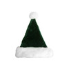 A green plush Santa hat with a white fur brim and a fluffy pom-pom on top. Features a branding logo.