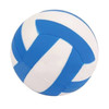 A volleyball-shaped stress reliever in blue and white, featuring a smooth, squeezable surface and a logo.