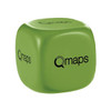 A green cube-shaped stress reliever featuring a logo on its surface.