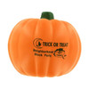 An orange pumpkin-shaped stress reliever with a green stem and black printed text, featuring a smiling face.