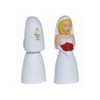 A white wedding dress stress reliever shaped like a bride holding a bouquet, featuring a logo on one side.