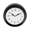 A round stress reliever in the shape of a clock, featuring a black outer casing and a white face with black numbers.