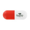 A capsule-shaped stress reliever in red and white, featuring a logo on the surface.