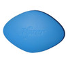 A blue tablet-shaped stress reliever with a logo on one side.