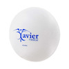 A round, white stress reliever with a logo featuring blue text and a simple graphic design.