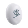 A white tablet-shaped stress reliever featuring a football design and logo.