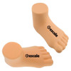 A pair of peach-coloured foot-shaped stress relievers with a logo on the side.
