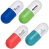 Capsule-shaped stress relievers in blue, green, red, and white, featuring various logos on the surface.