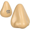 A beige stress reliever in the shape of a nose, featuring a logo on one side.