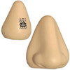 A beige, nose-shaped stress reliever featuring a logo on one side. Ideal for fun and stress relief.