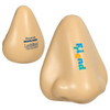 A beige stress reliever shaped like a nose, featuring text and a logo on its surface.