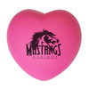 A pink heart-shaped stress reliever with a black logo featured on the front.
