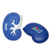 A large blue kidney-shaped stress reliever featuring a logo and a textured surface.