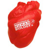 A red heart-shaped stress reliever, designed as a fun keyring, featuring a logo.